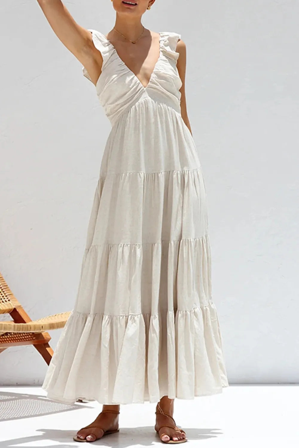 Ruffled V-Neck Tiered Cotton Dress