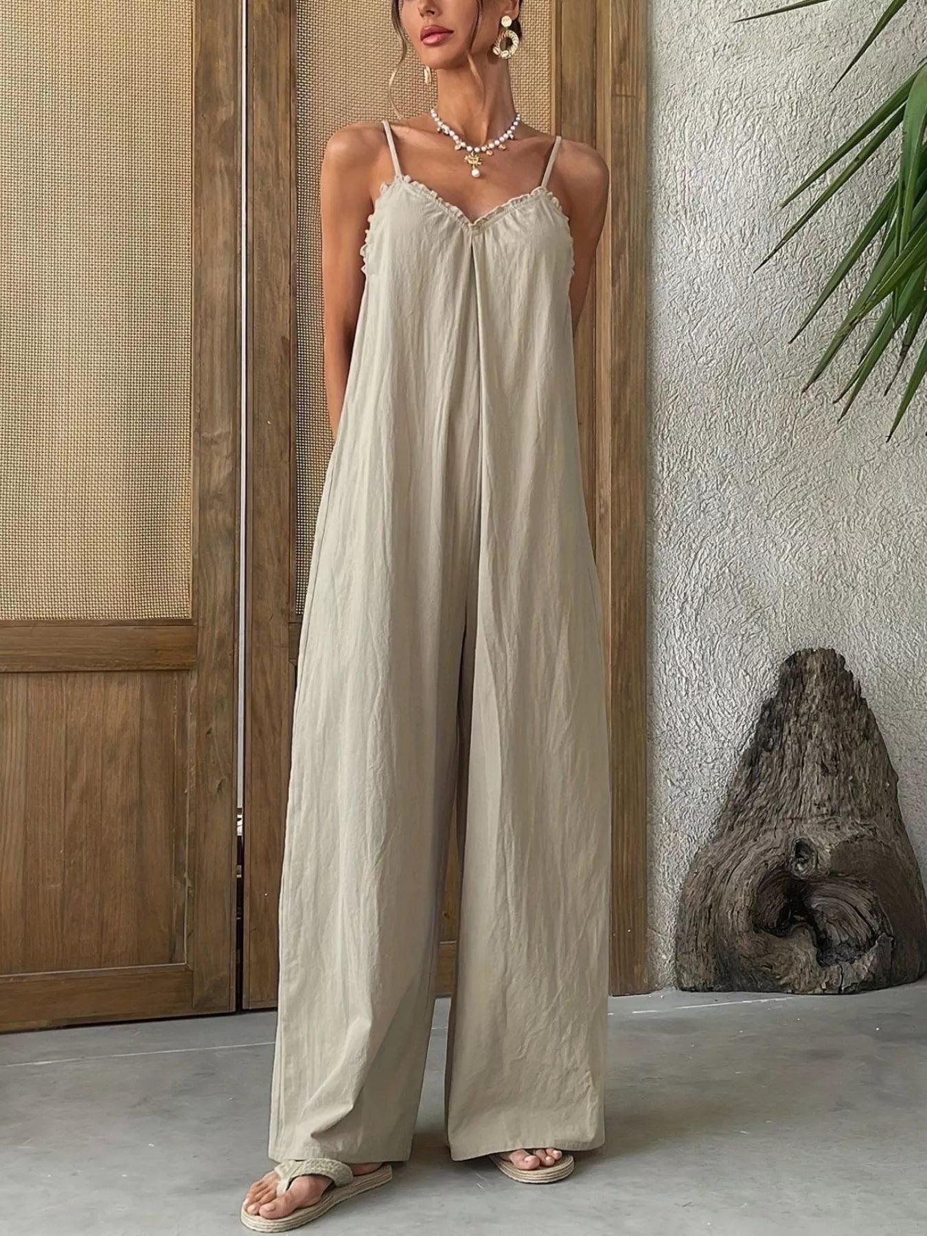 Sleeveless Wide Leg Jumpsuit in Khaki