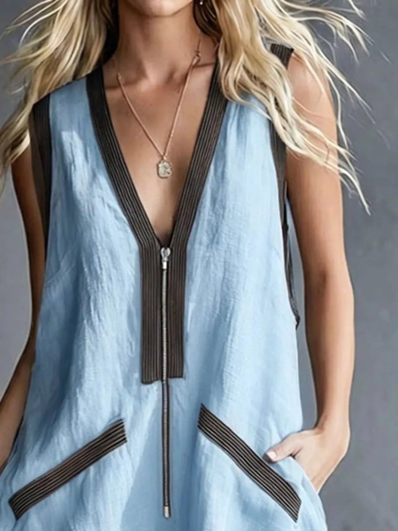 V-Neck Zip-Front Romper with Contrast Trim