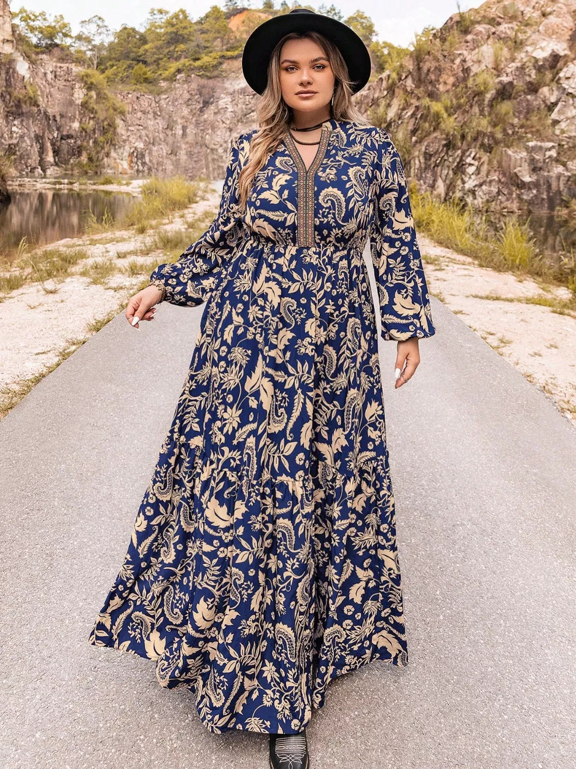 Floral Print Long Sleeve Maxi Dress in Dark Blue