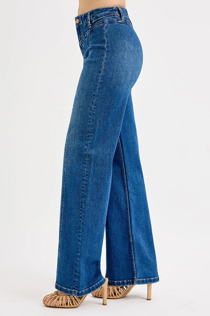 Risen Seam Detail Wide Leg Jeans in Dark Wash