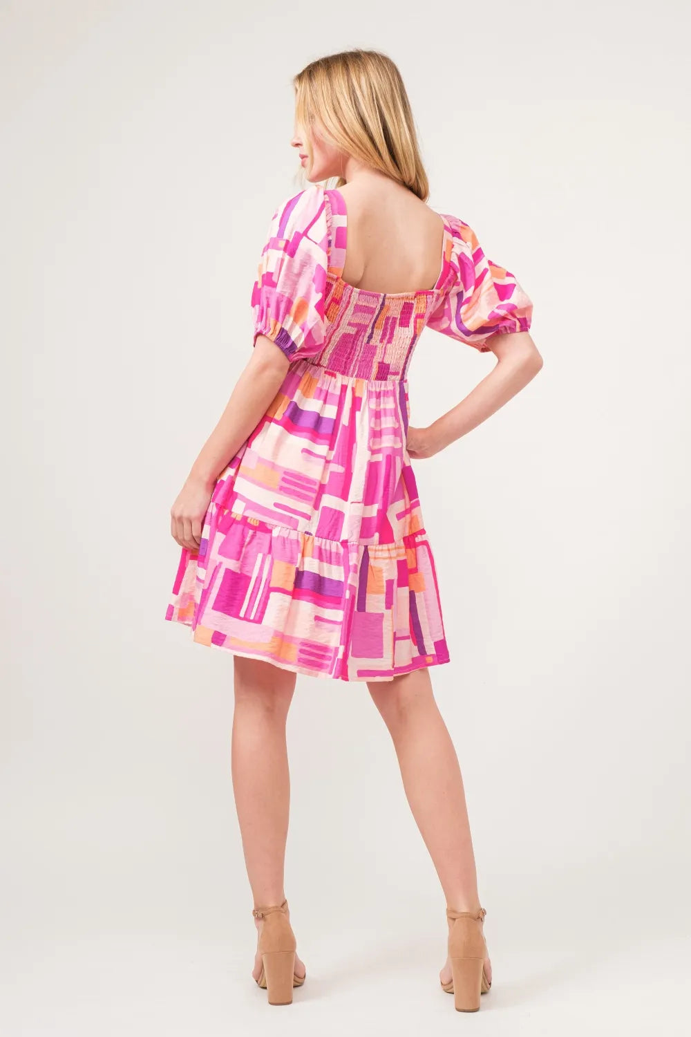 And The Why Color Block Puff Sleeve Dress in Pink Multi