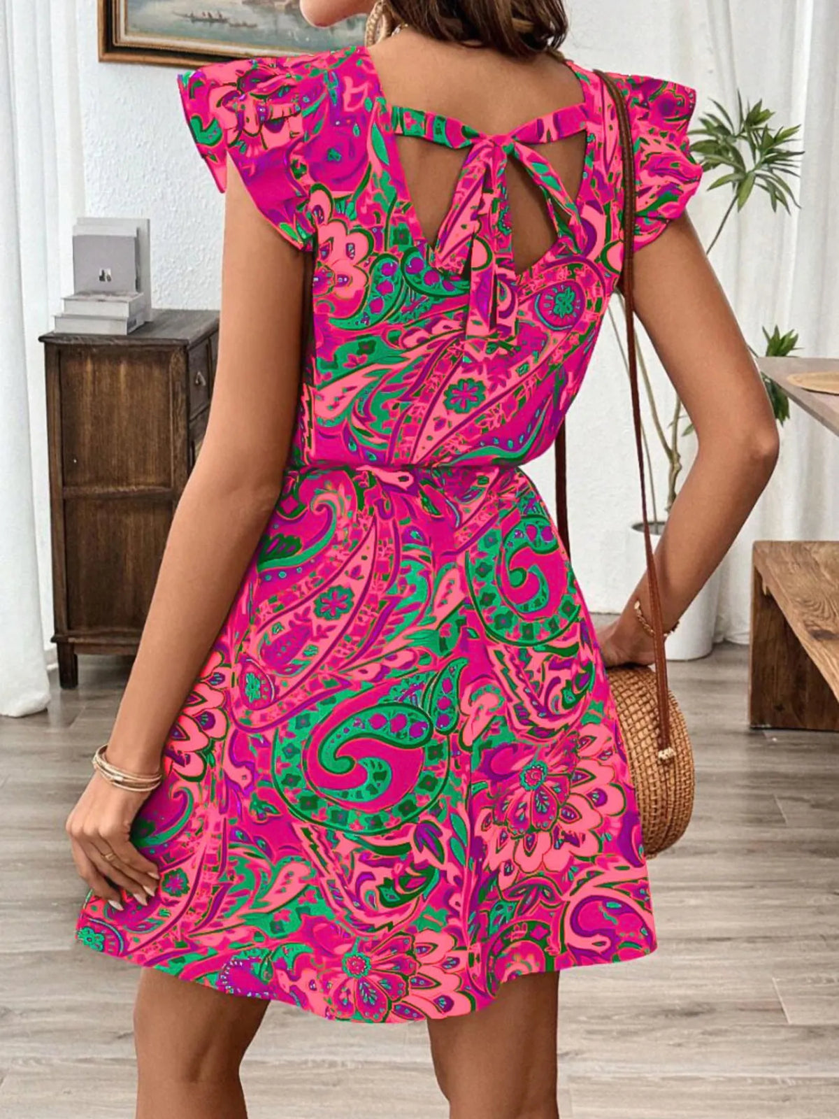 Paisley Print Ruffle Sleeve Mini Dress in Fuchsia Pink