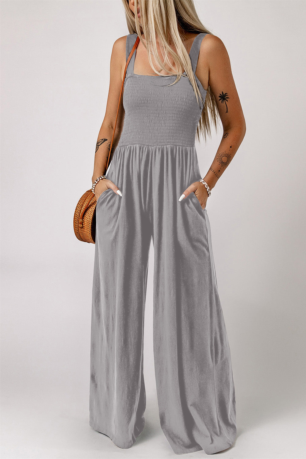 Smocked Square Neck Wide Leg Jumpsuit