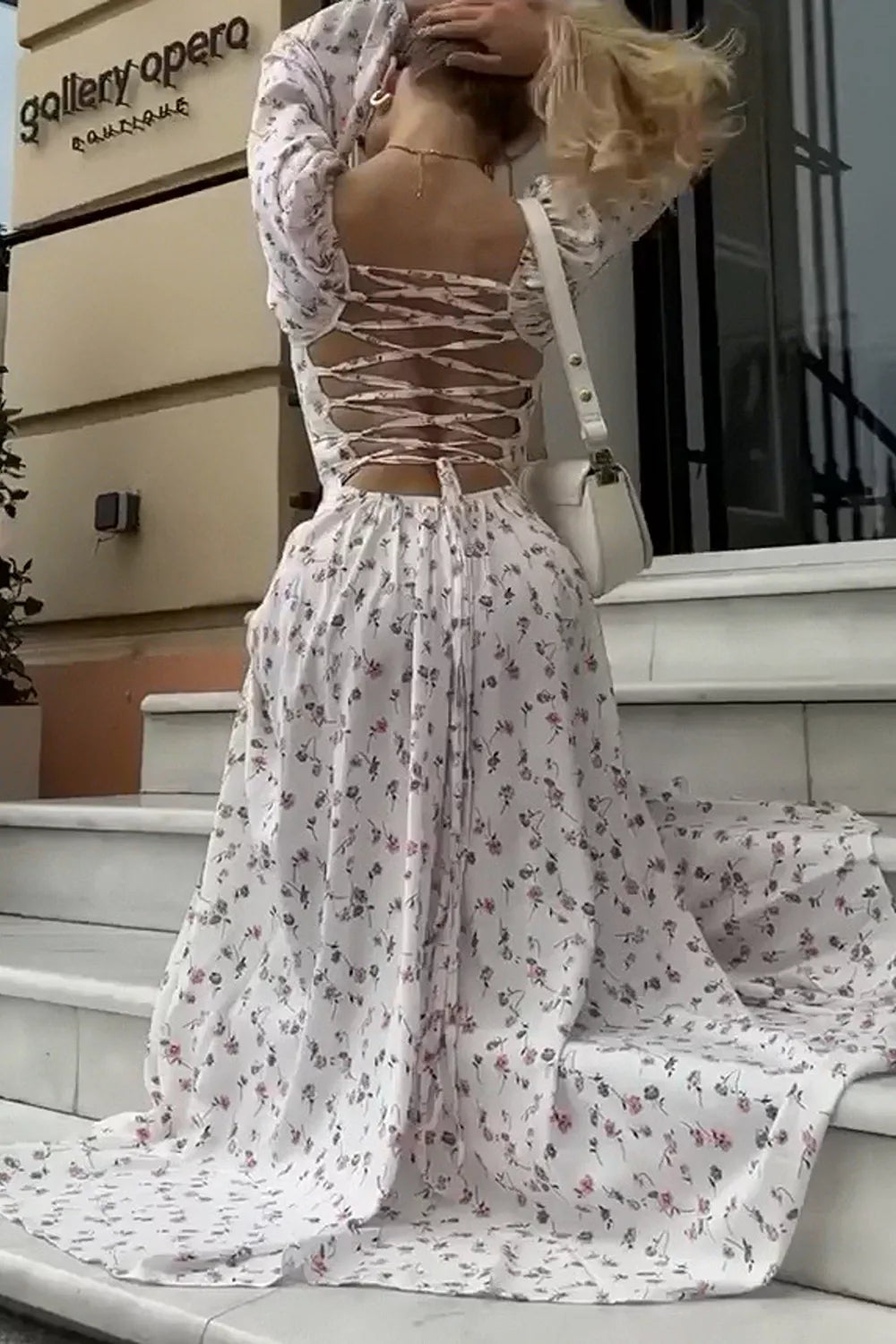 Lace-Up Back Maxi Dress in Floral Print