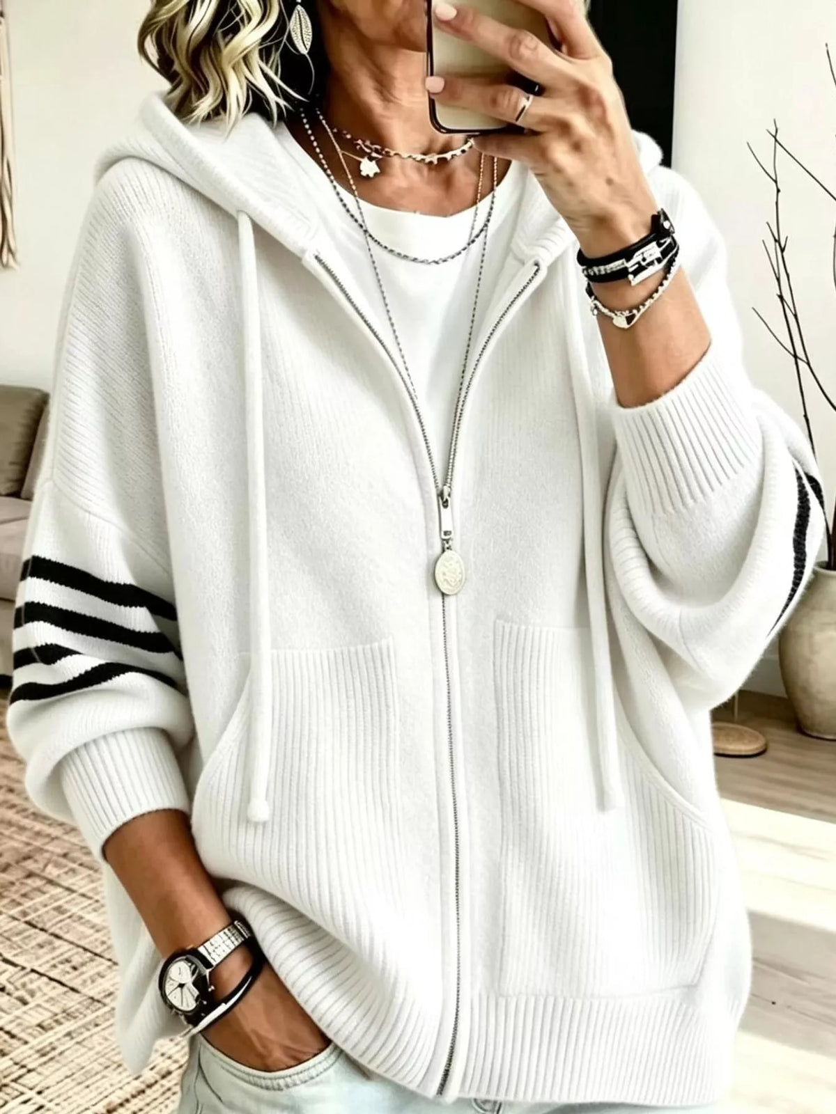Hooded Zip-Up Knit Cardigan