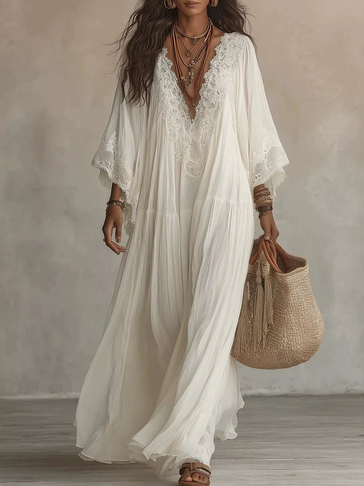 Lace Trim Tiered V-Neck Maxi Dress