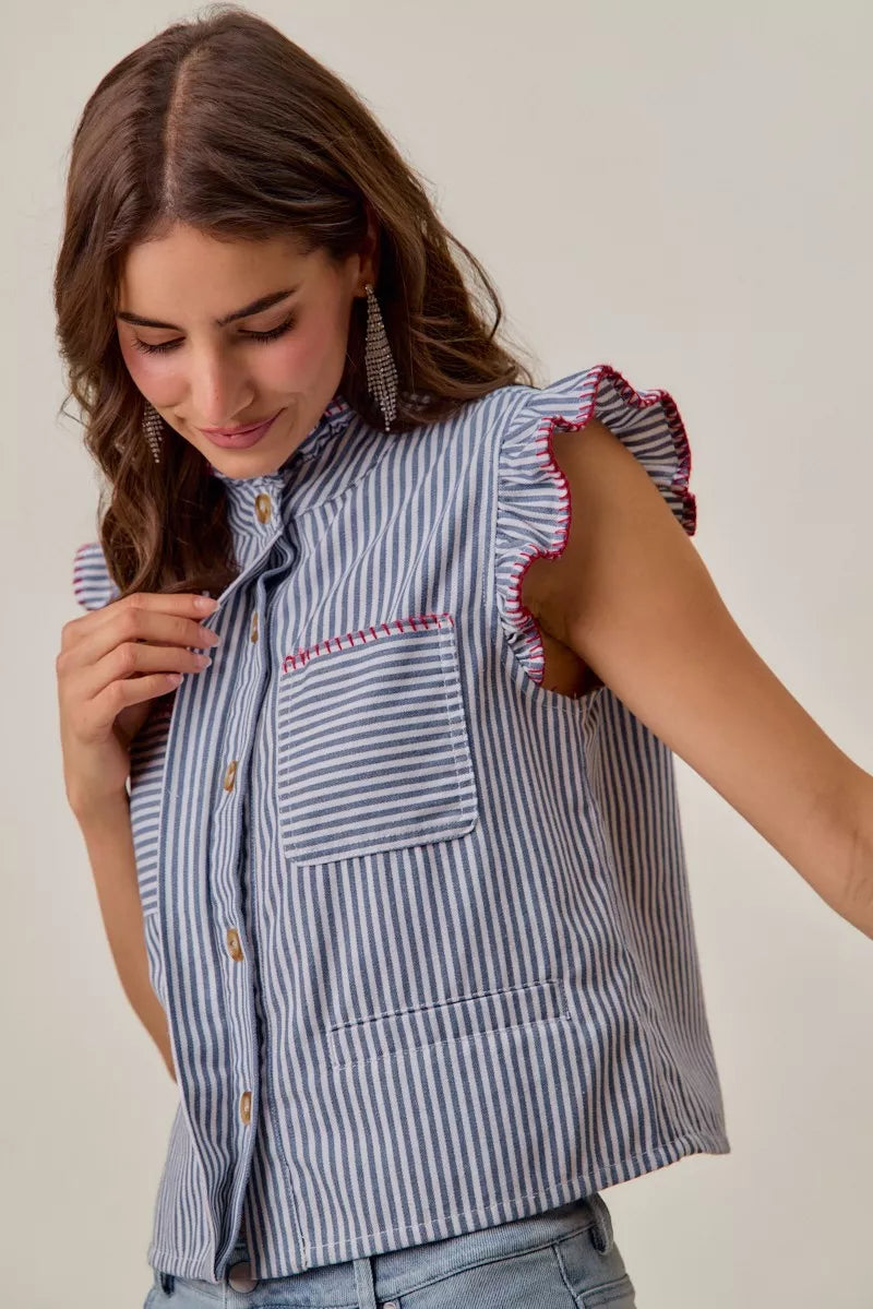 So Me Striped Ruffled Vest Top in Blue and Red in Blue/Red