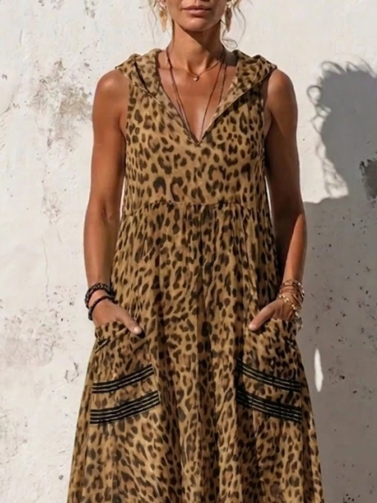 Hooded Leopard Print Maxi Dress, Plus Size