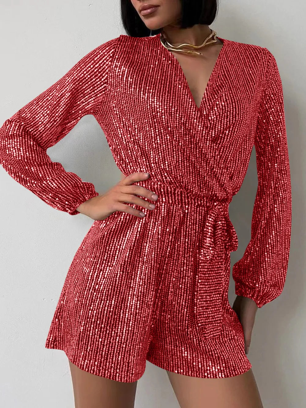 Sequin Surplice Tie Waist Romper