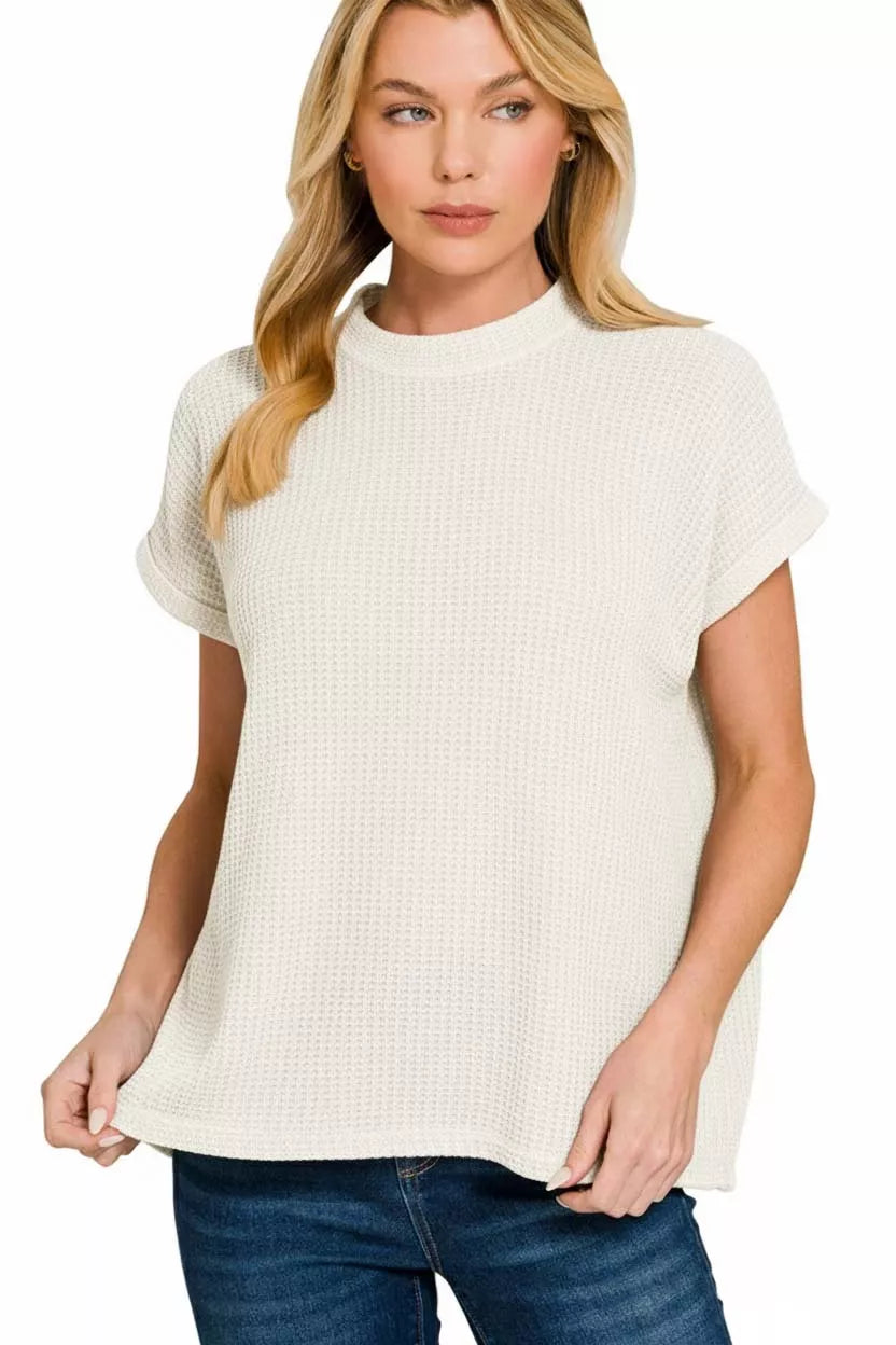 Zenana Chenille Waffle Cap Sleeve Sweater in Ivory