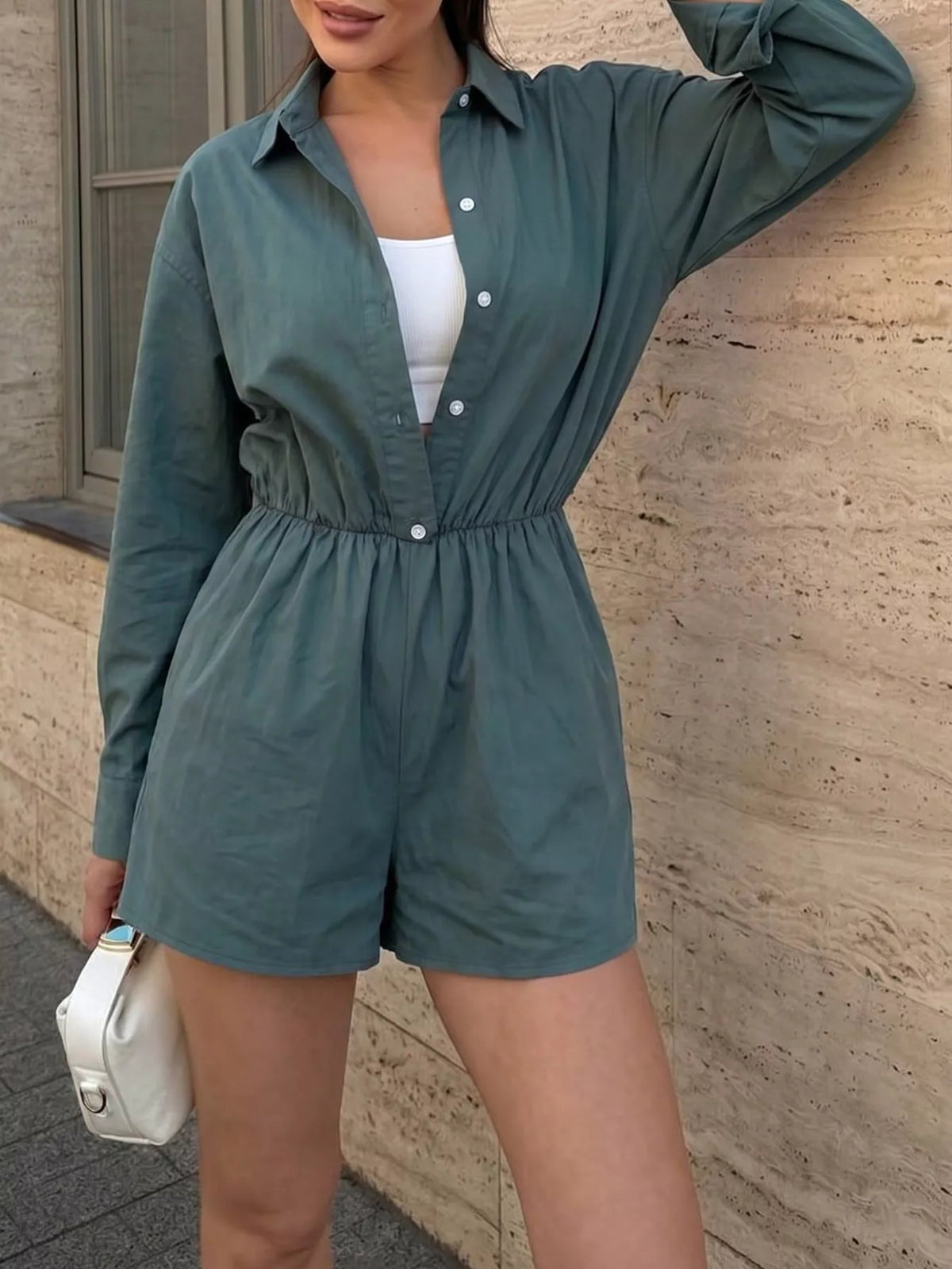 Button Front Long Sleeve Romper in Green