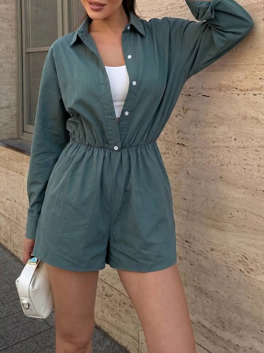 Button Front Long Sleeve Romper in Green