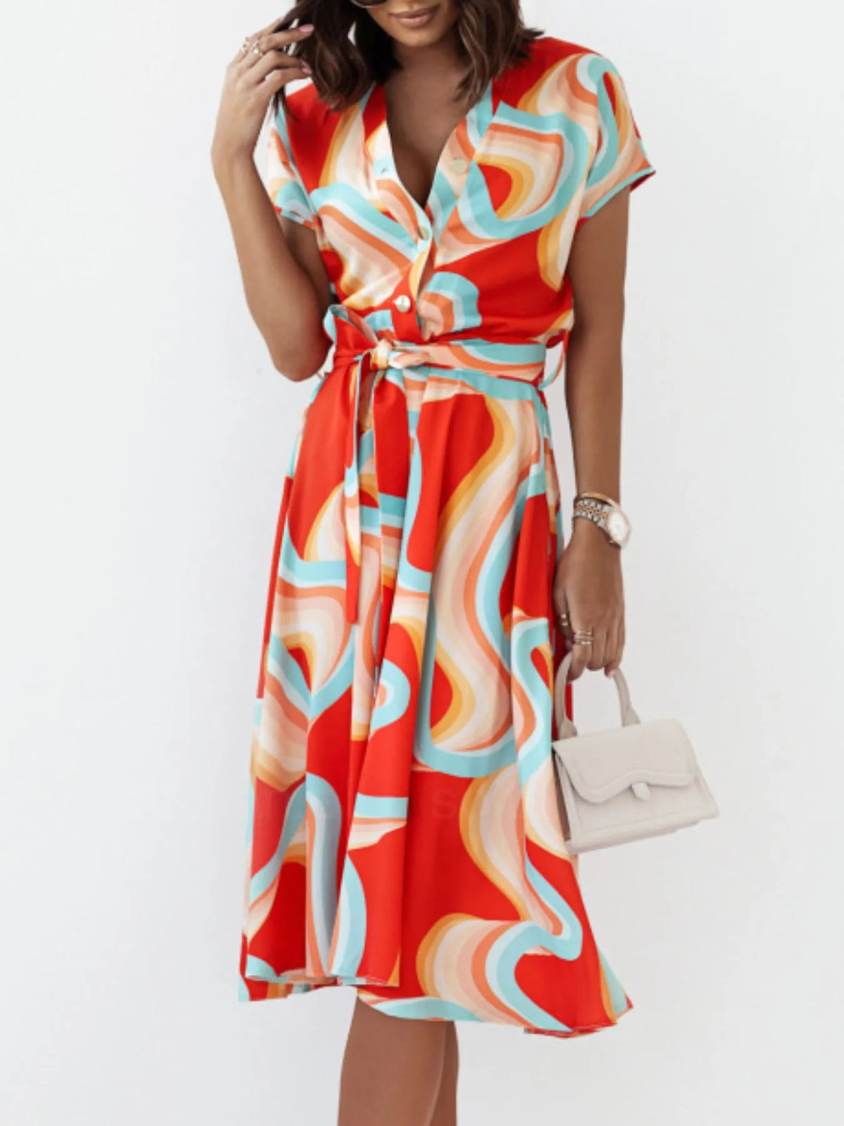 Printed Button-Front Midi Dress with Belt