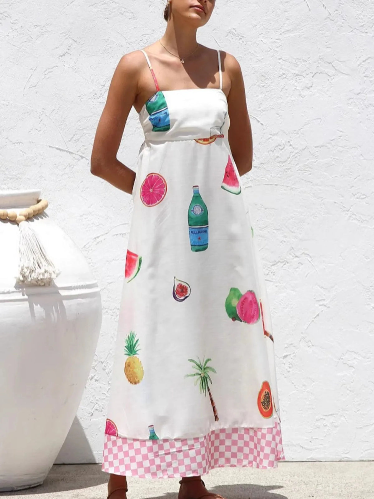 Fruit Print Checkered Hem Cami Midi Dress