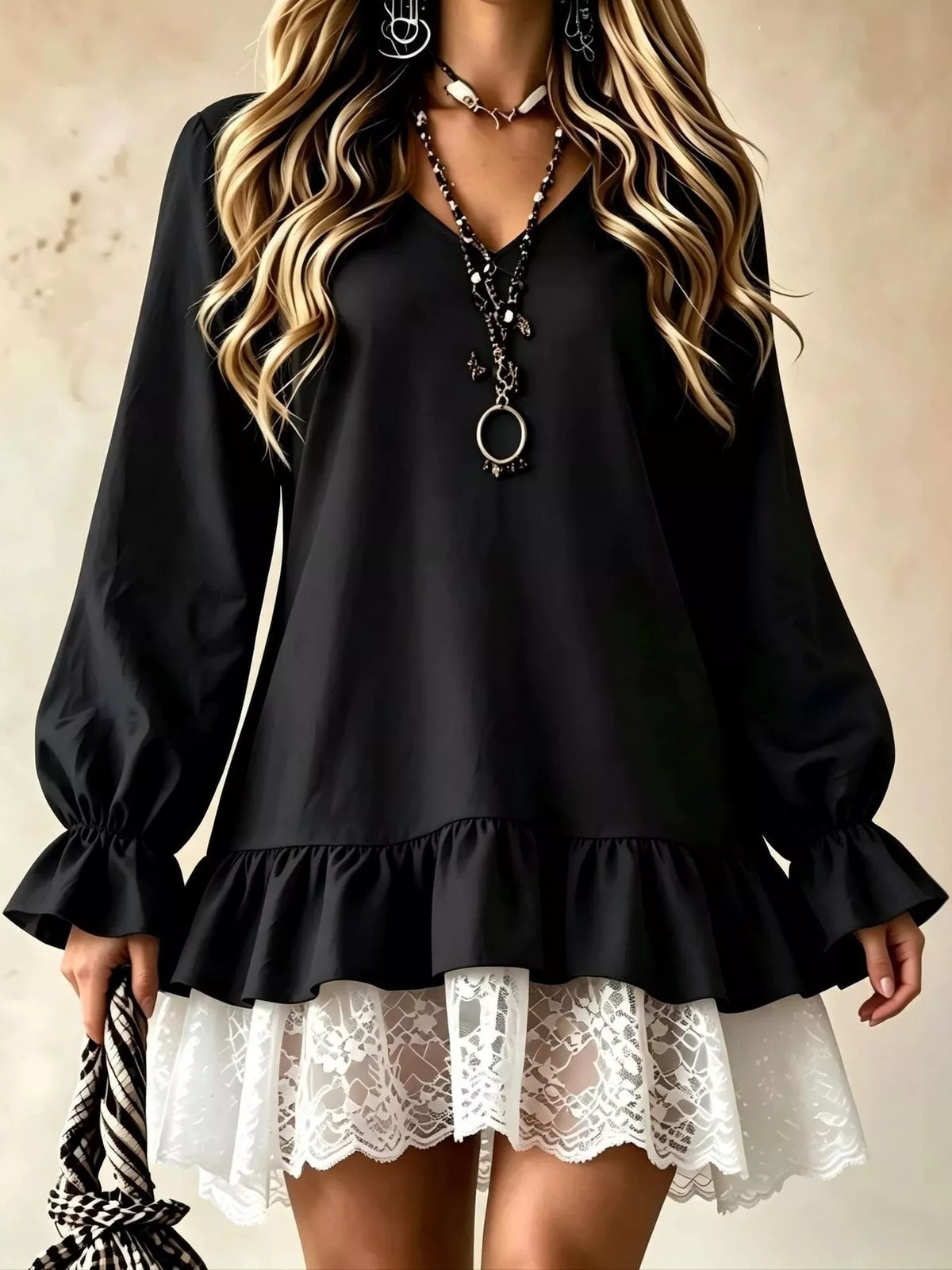 Lace Hem Flounce Sleeve Dress