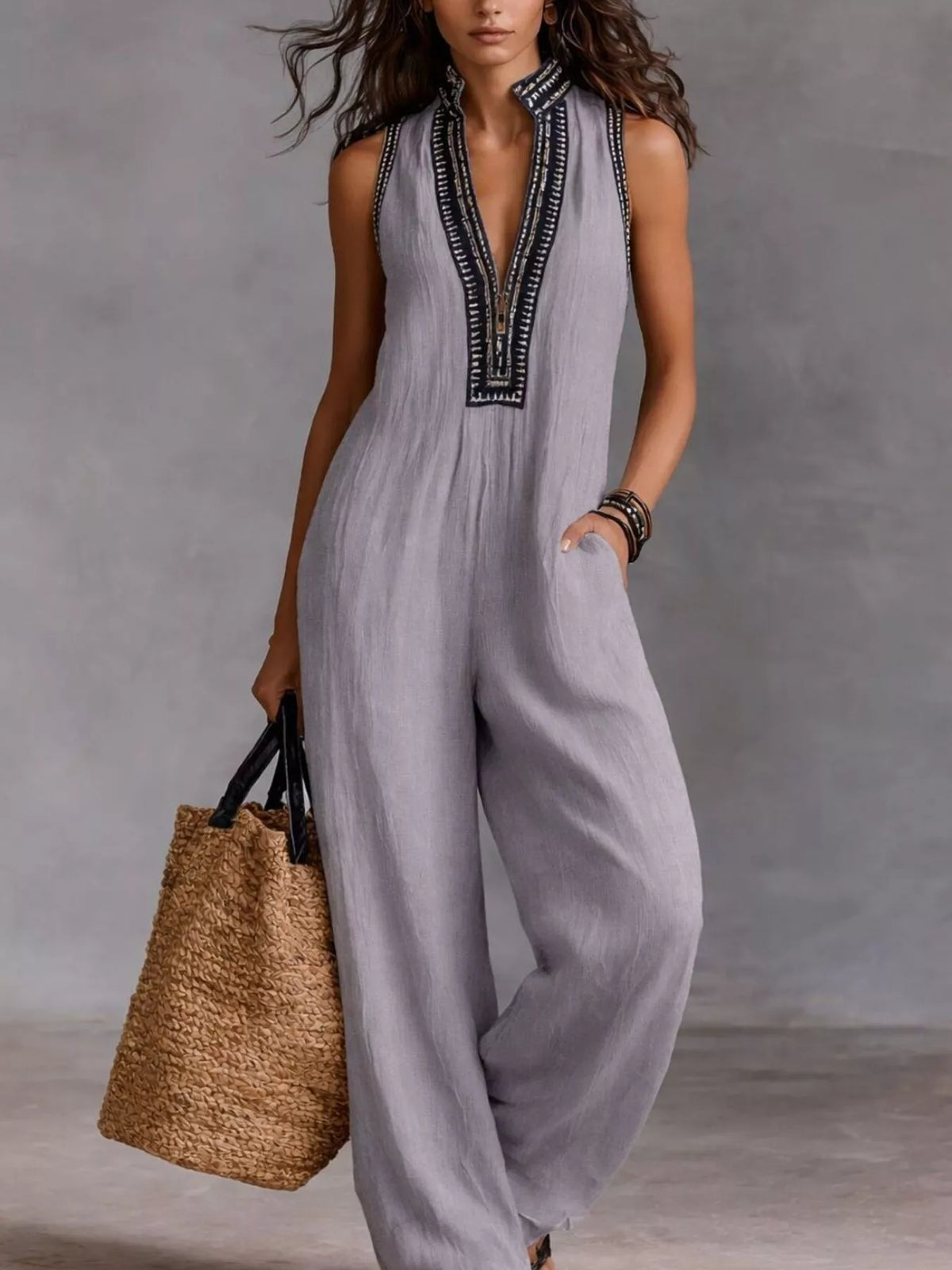 Embroidered Sleeveless Wide Leg Jumpsuit