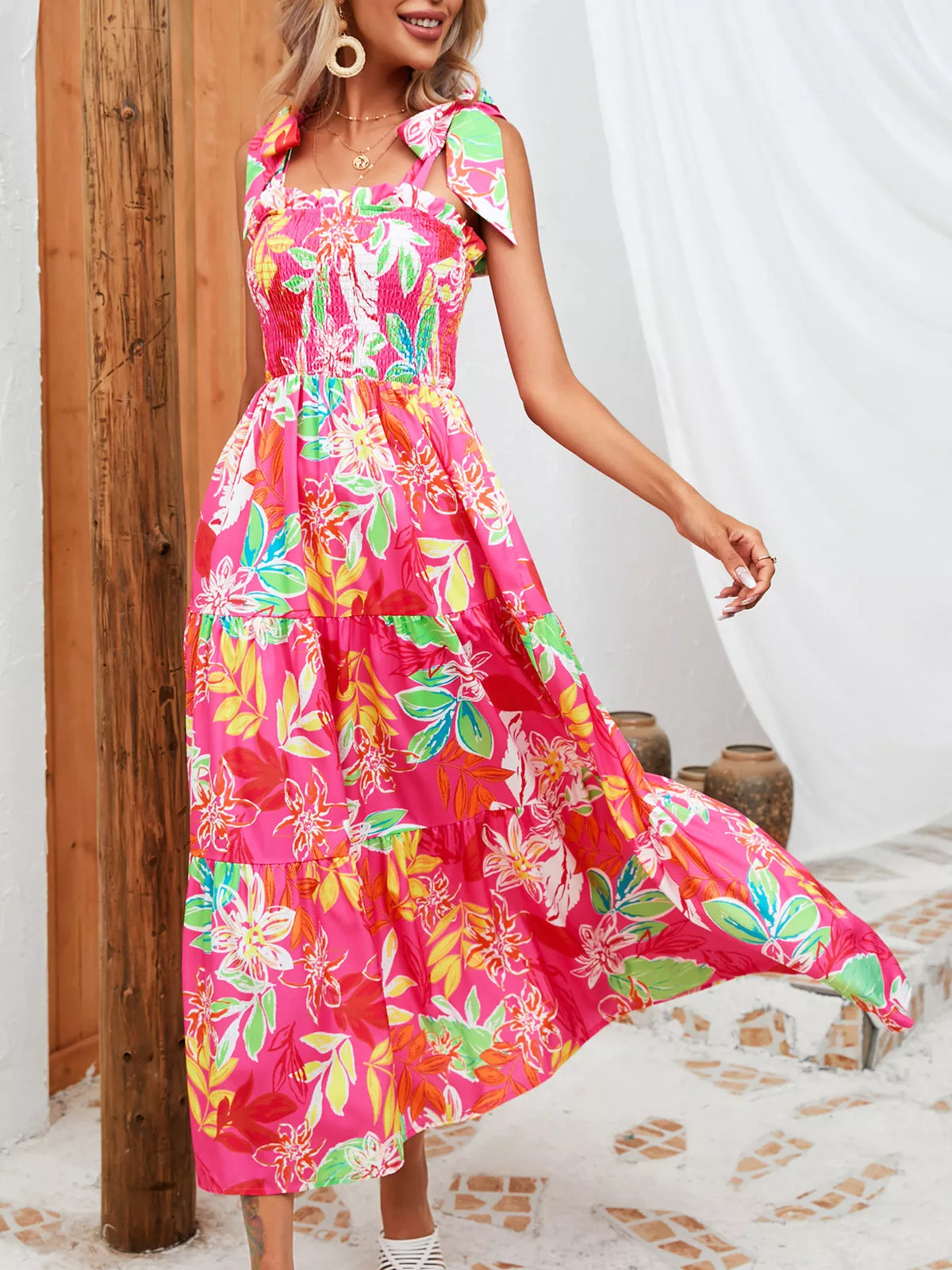Tropical Print Smocked Tie-Strap Dress in Green