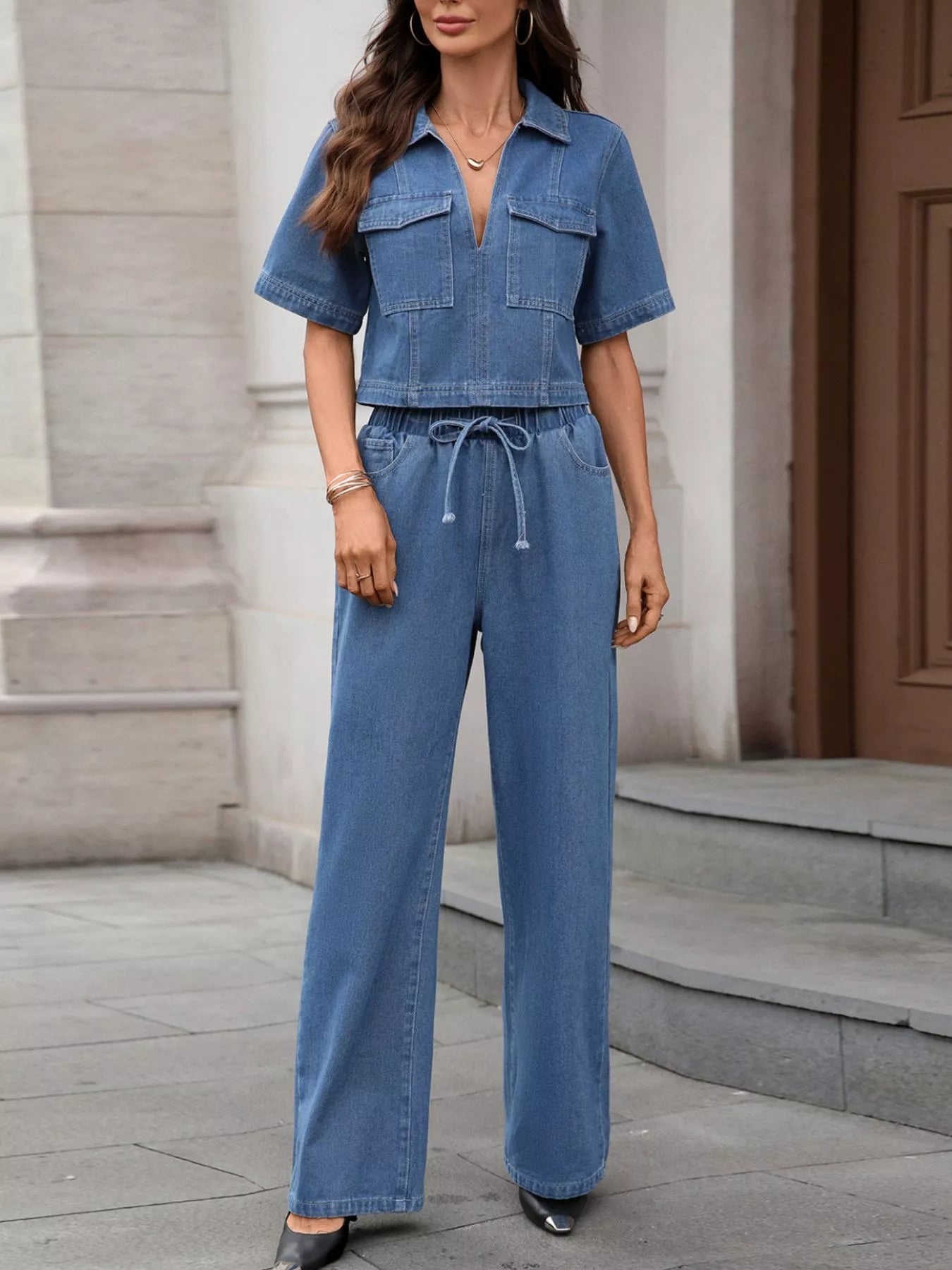 Short Sleeve Drawstring Denim Set in Dusty Blue by Moni Wear
