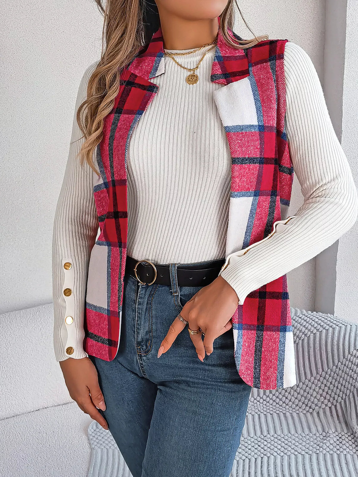 Plaid Open-Front Vest by Clise