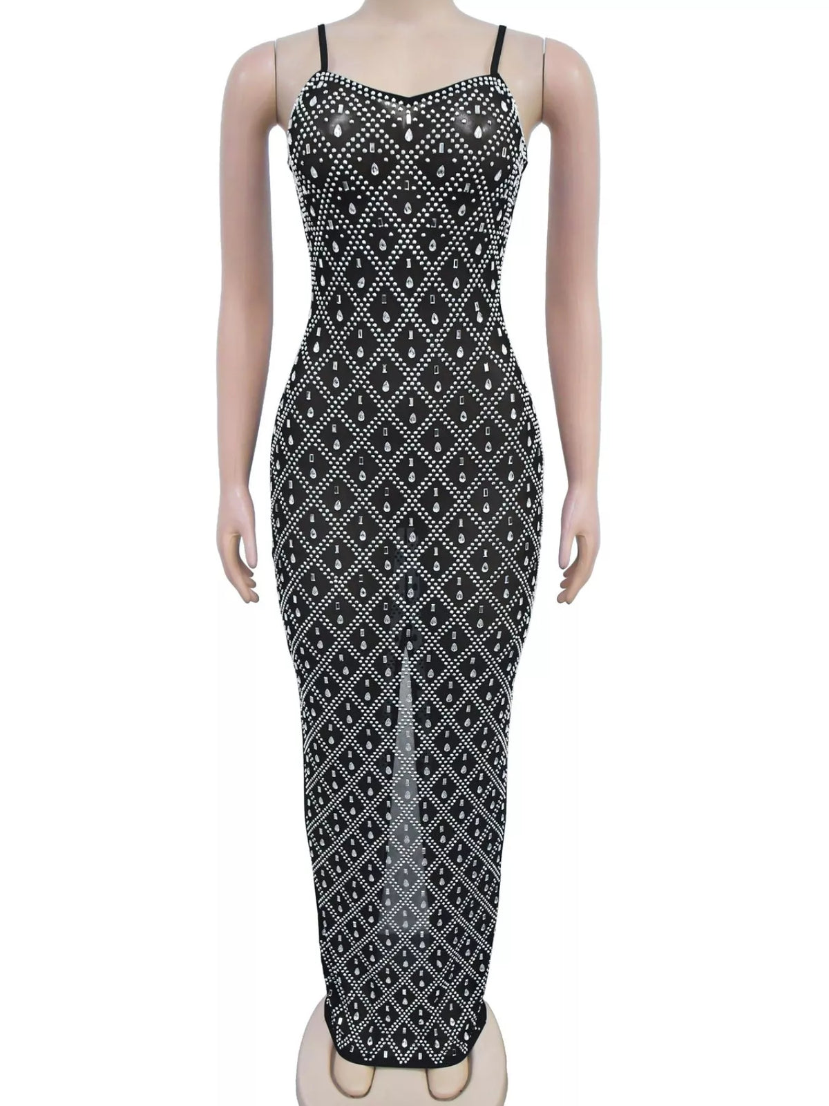 Rhinestone Embellished Sheer Mesh Maxi Dress