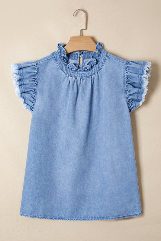 Flutter Sleeve Denim Top in Light Blue