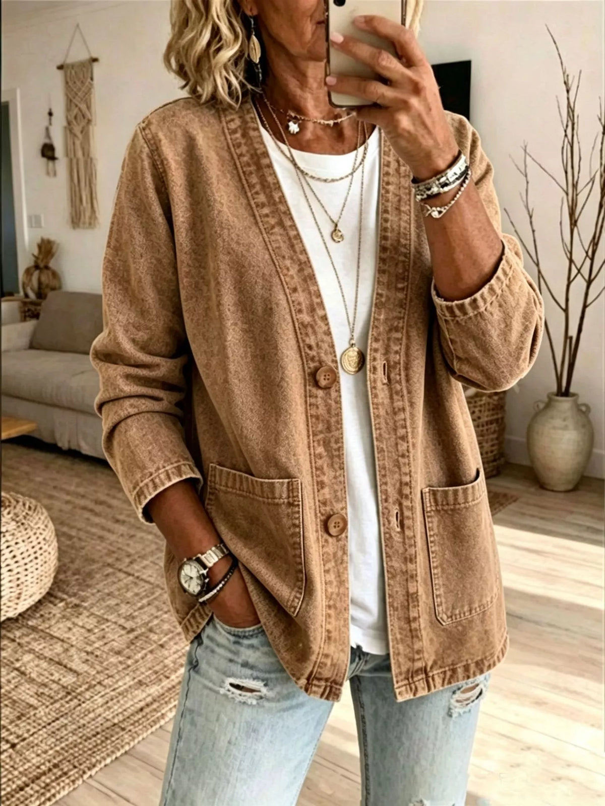 V-Neck Button-Down Denim Jacket by Invera