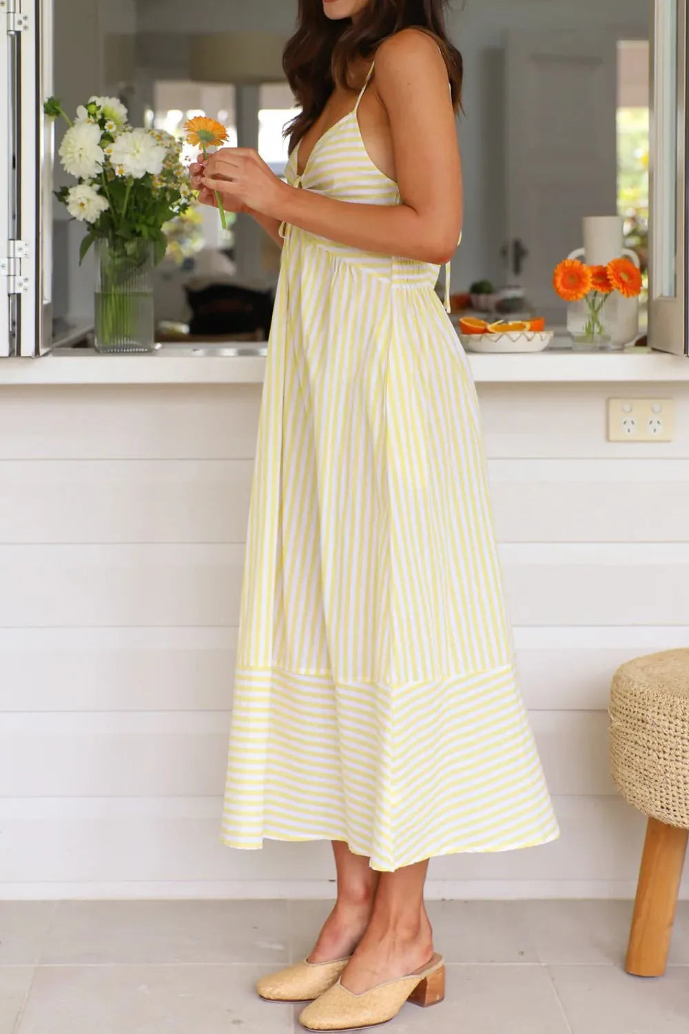 Striped Smocked-Back Midi Dress