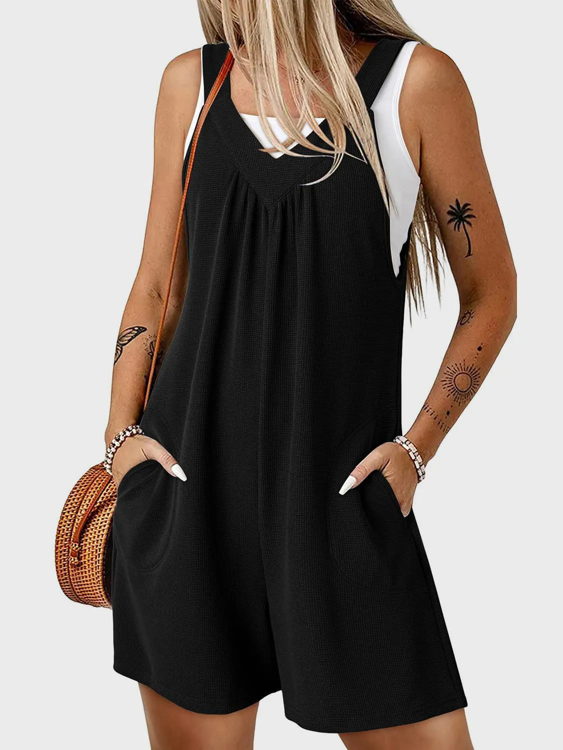 V-Neck Wide Strap Romper with Pockets