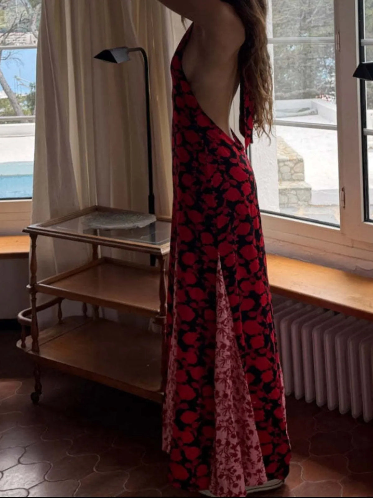 Backless Halter Polka Dot Maxi Dress in Deep Red by Mystique Q