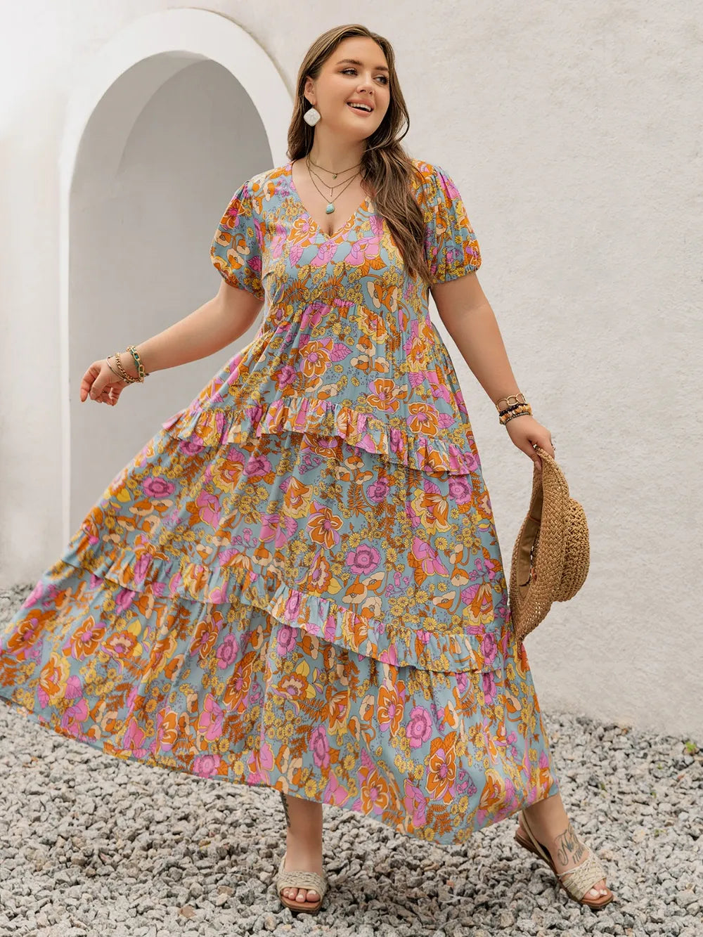 Printed V-Neck Short Sleeve Maxi Dress in Multicolor
