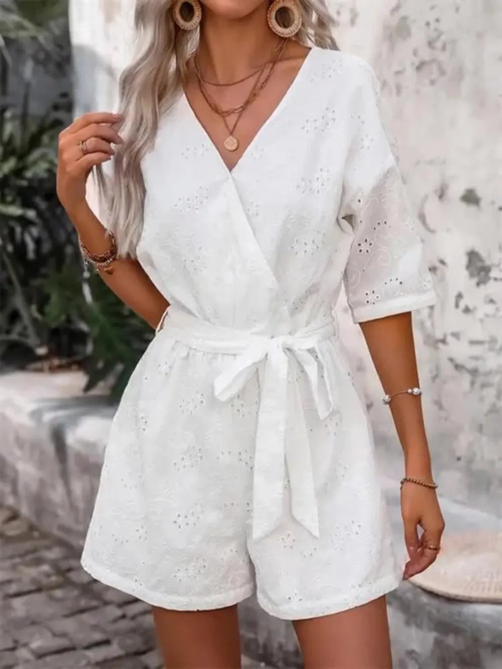 Tied Front Eyelet Romper in White