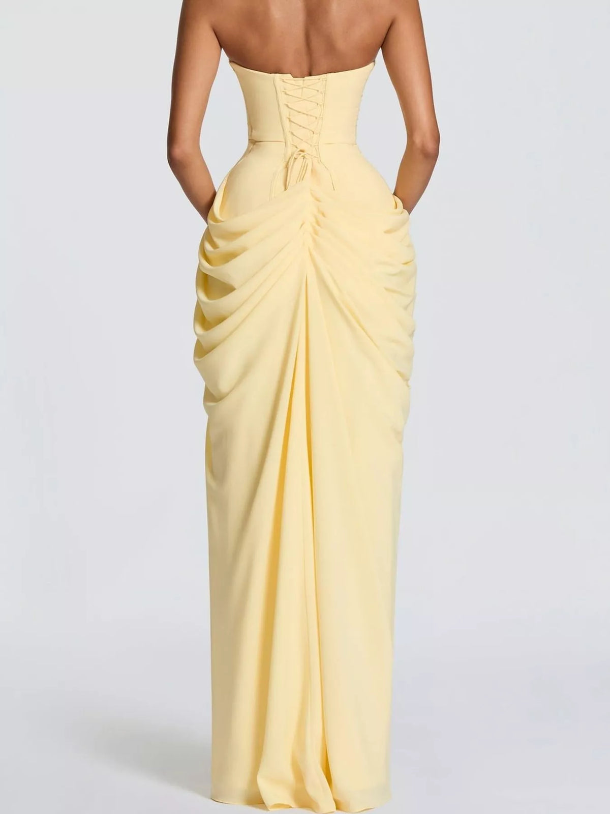 Strapless Ruched High-Slit Evening Dress