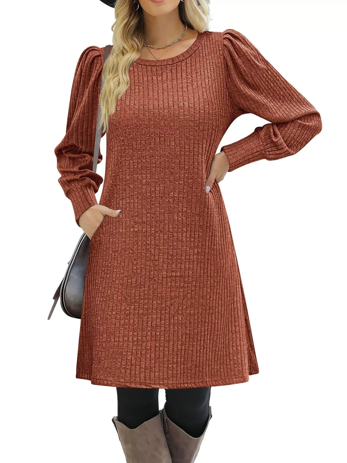 Puff Sleeve Ribbed Knit Dress with Pockets