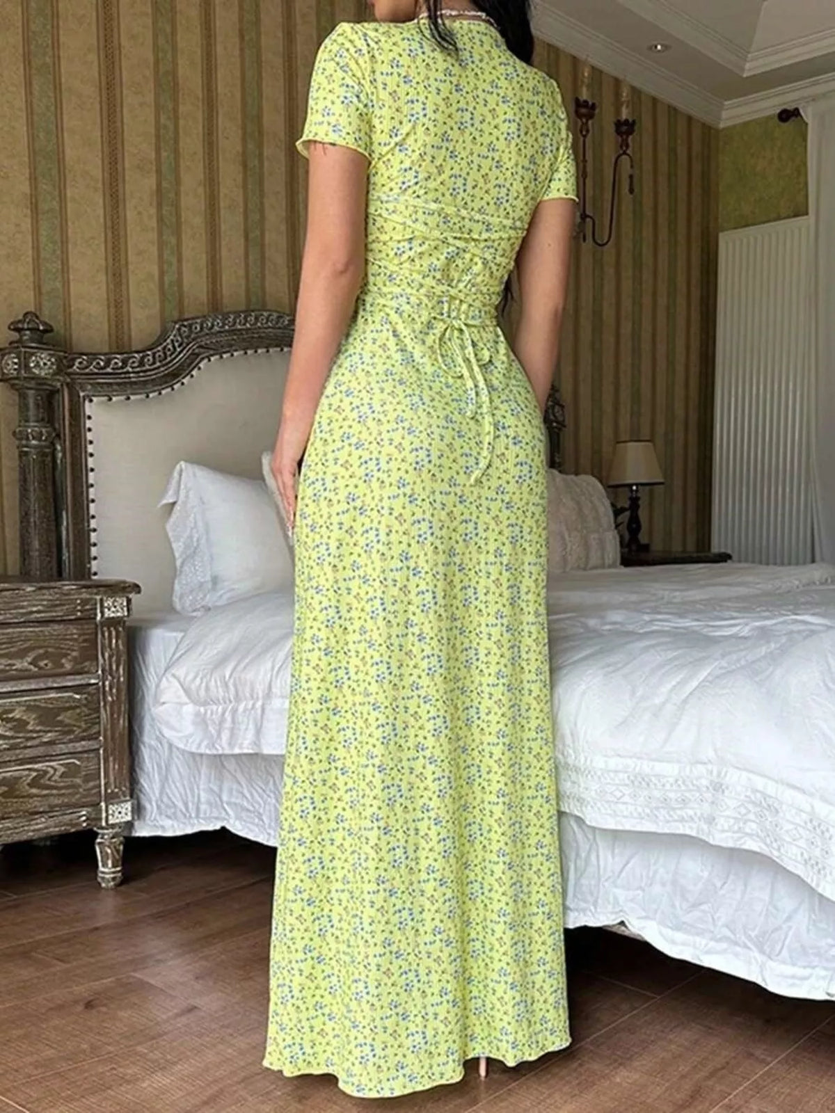 Floral Print Short Sleeve Maxi Dress