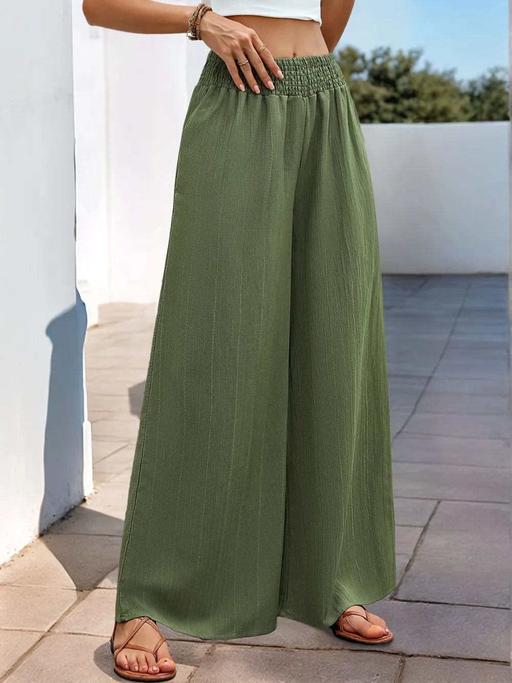 Smocked Wide Leg Pants in Moss