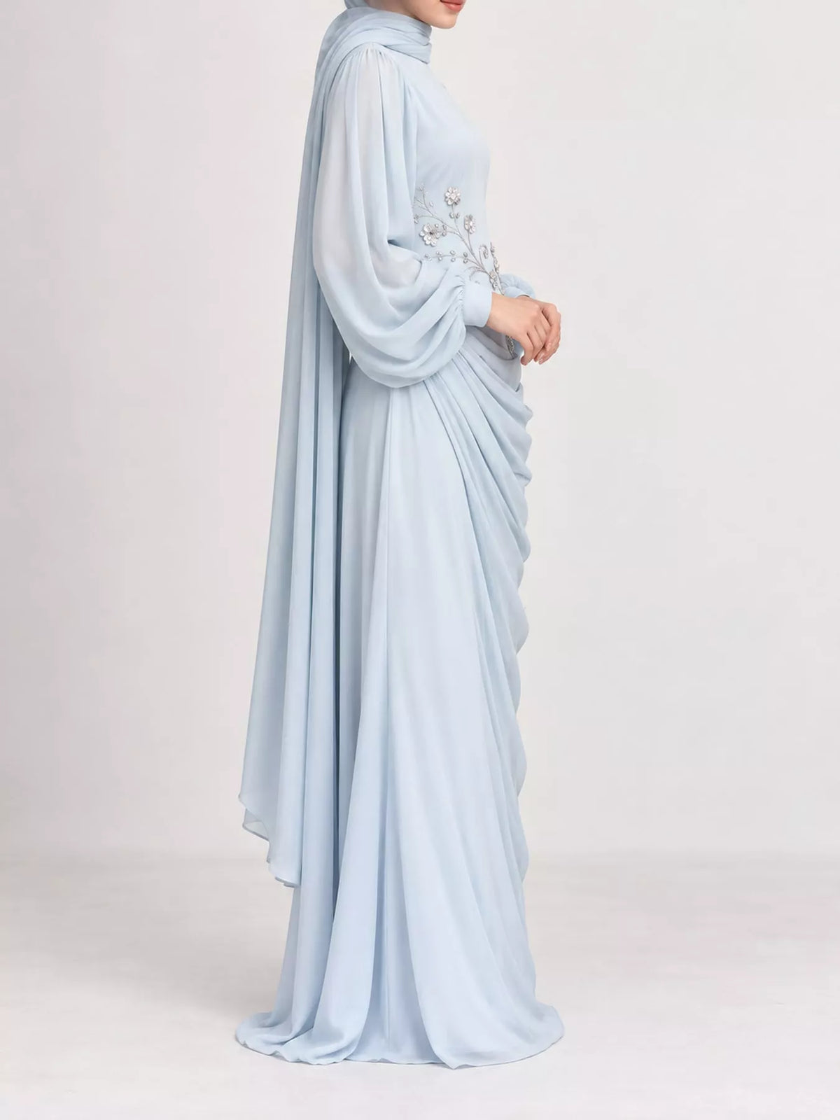 Long-Sleeve Rhinestone Ruched Maxi Evening Dress