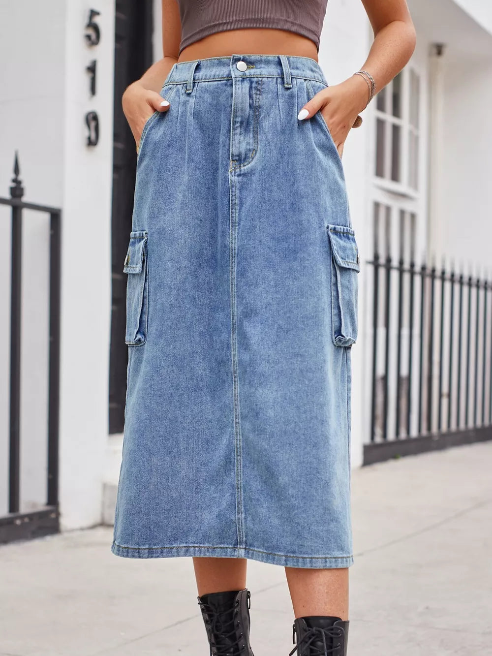 Slit Buttoned Denim Skirt with Pockets by Manny
