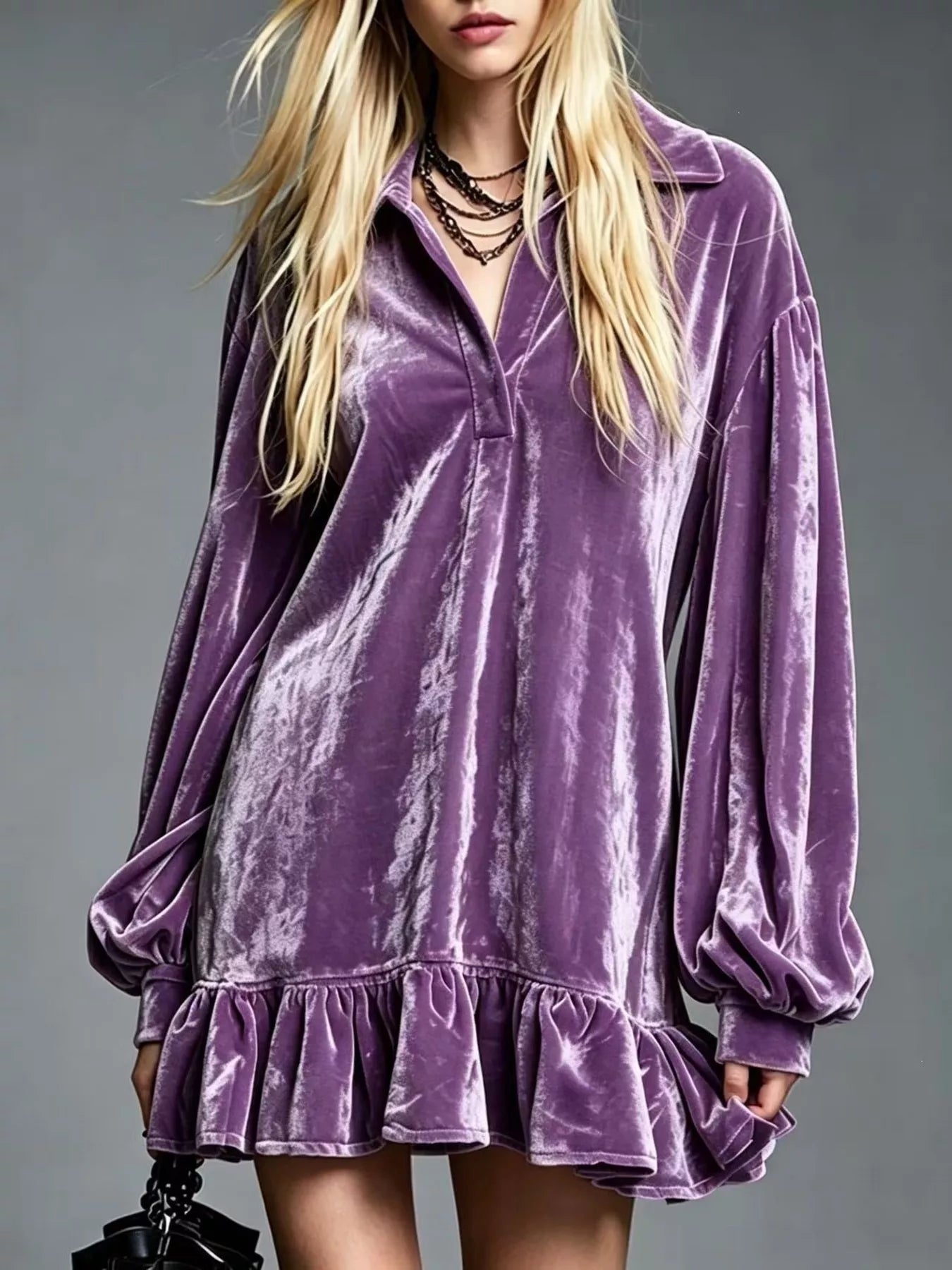 Velvet Ruffled-Hem Long Sleeve Dress