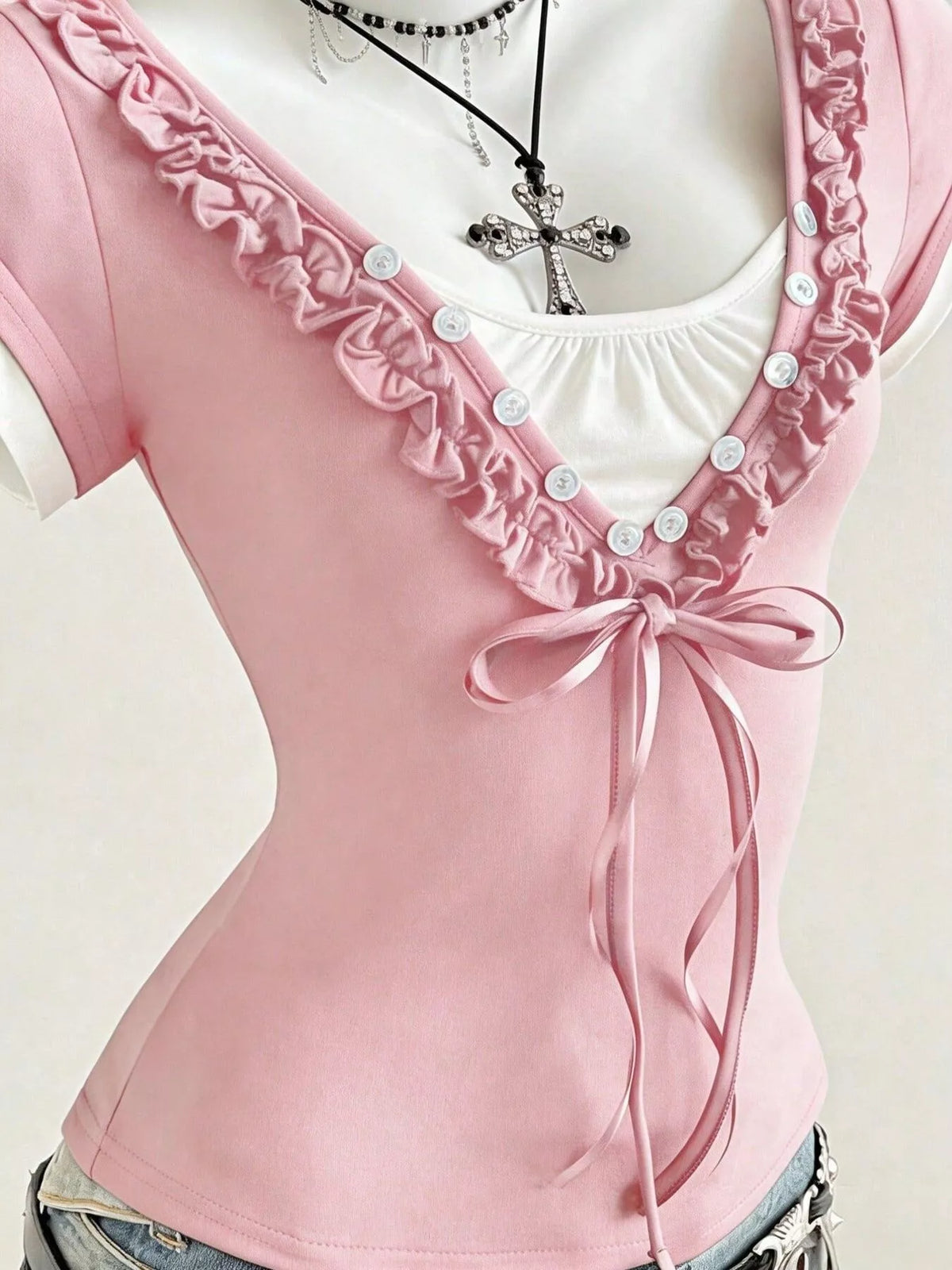 Frill Cap Sleeve Slim Fit Top in Pink