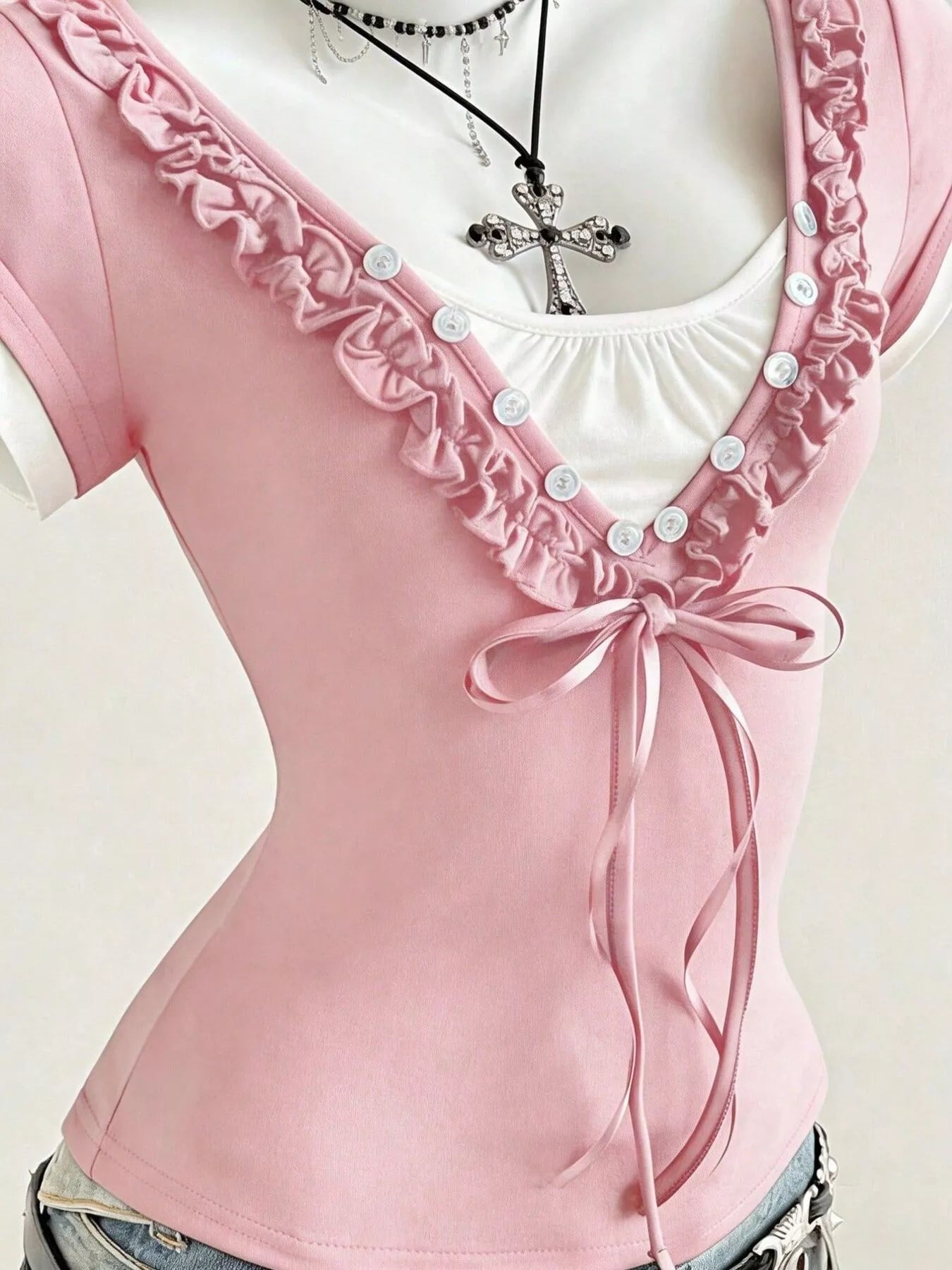 Frill Cap Sleeve Slim Fit Top in Pink