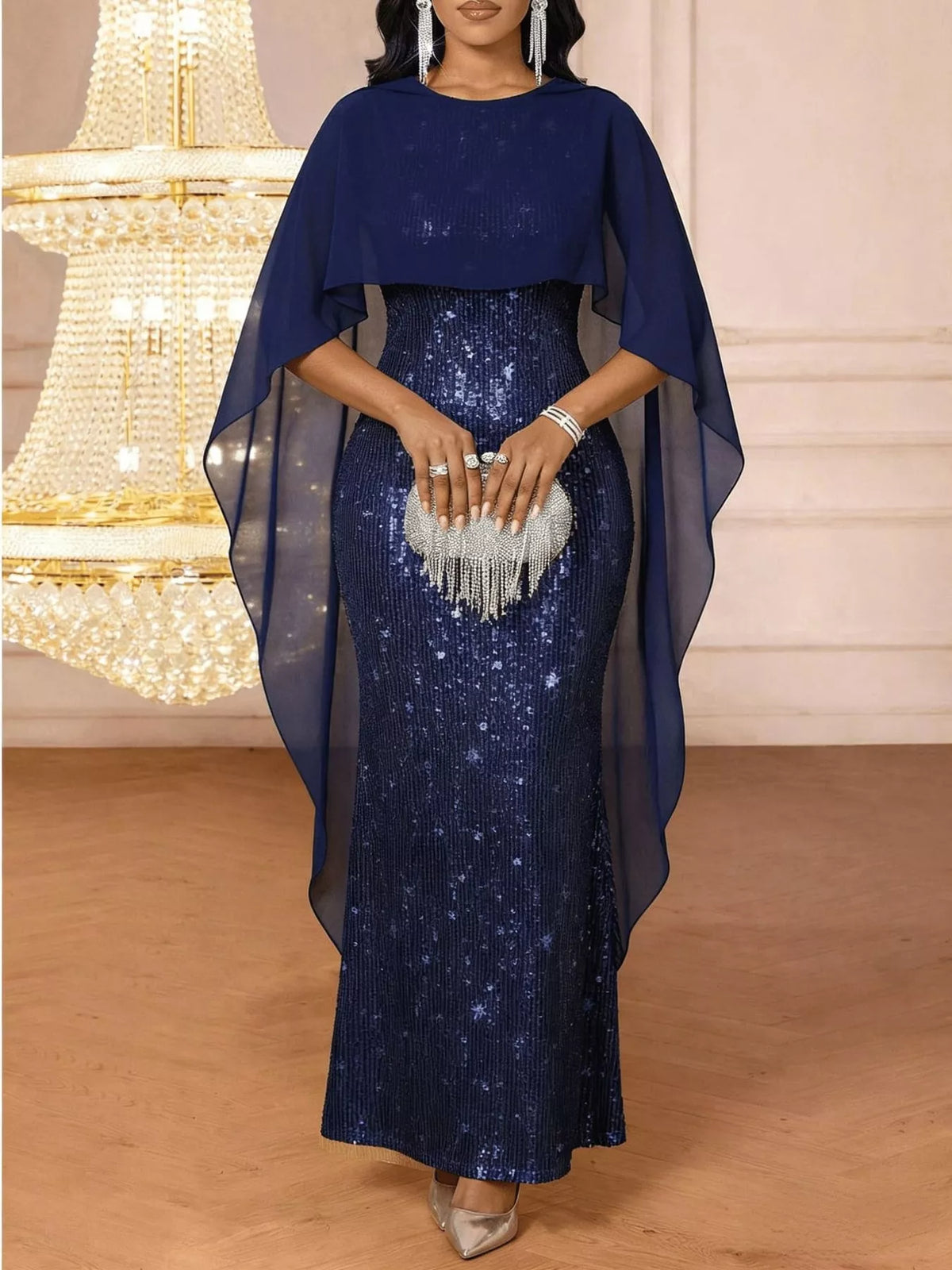 Sequin Cape-Overlay Evening Dress