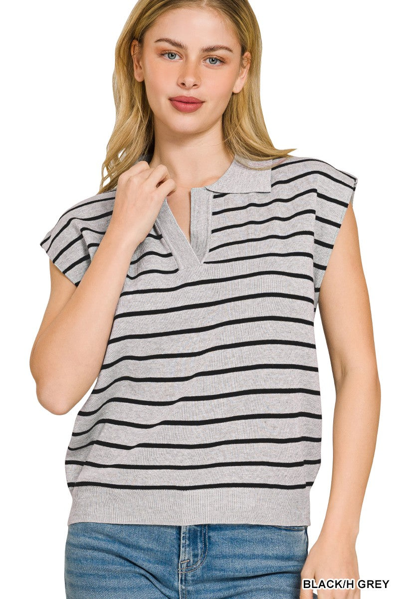 Zenana Viscose Striped Collared Vest in Black and Heather Grey in Black/h grey