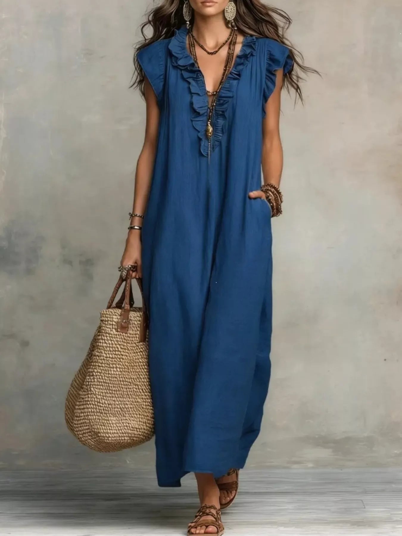 Ruffled V-Neck Cap Sleeve Maxi Dress Plus Size