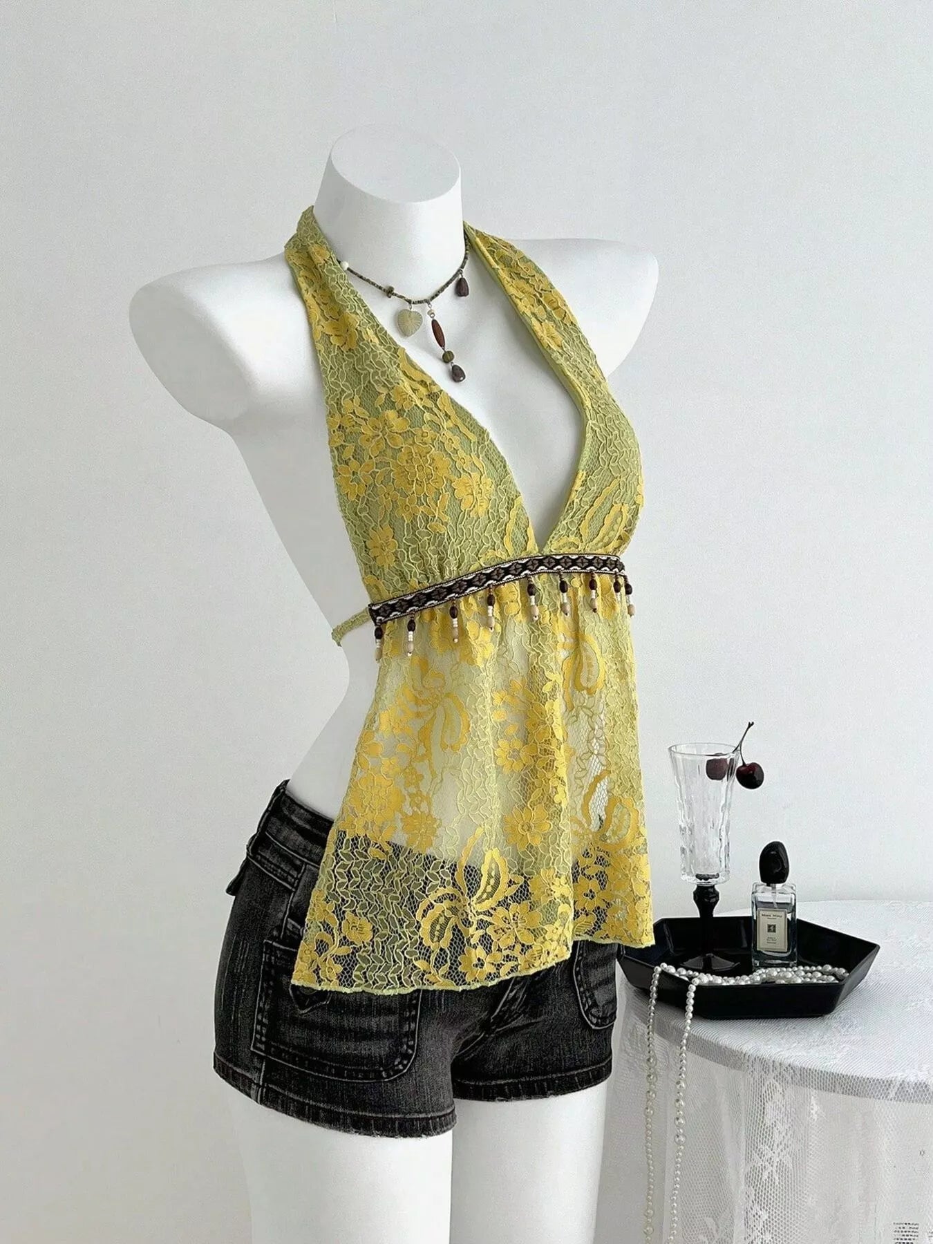 Lace Halter Neck Cami in Mustard Yellow