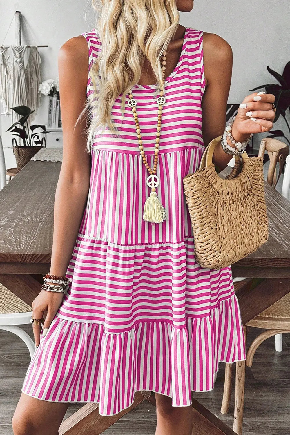 Striped U-Neck Tiered Mini Dress in Hot Pink