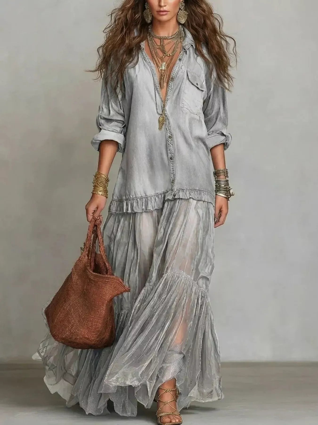 Tiered Long-Sleeve Denim Shirt Maxi Dress, Plus Size