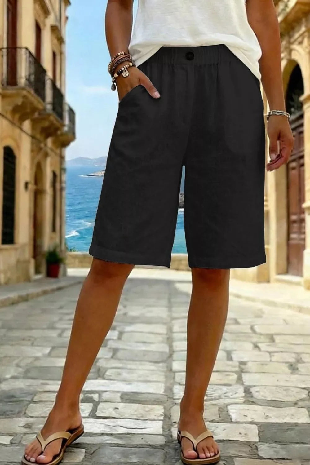 Pocketed Elastic Waist Shorts