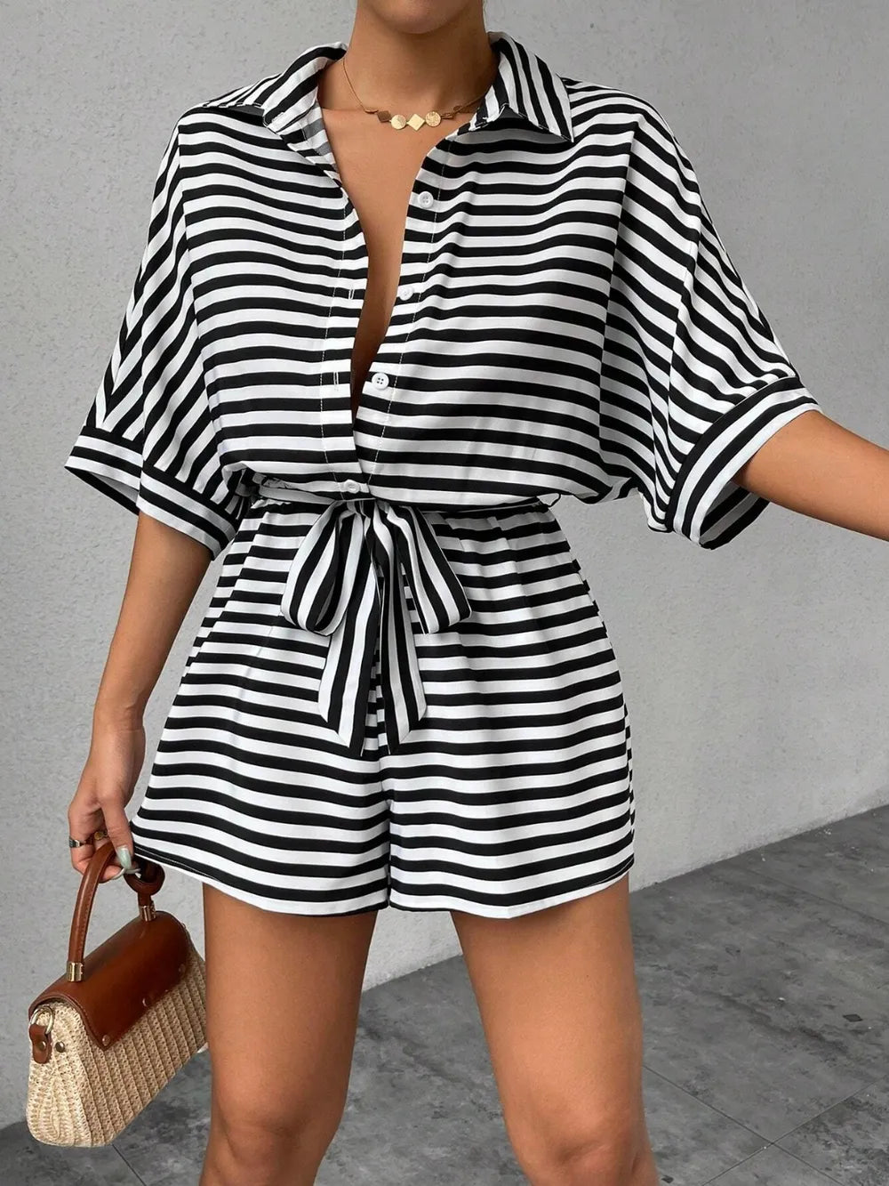 Half-Button Tie Waist Striped Romper