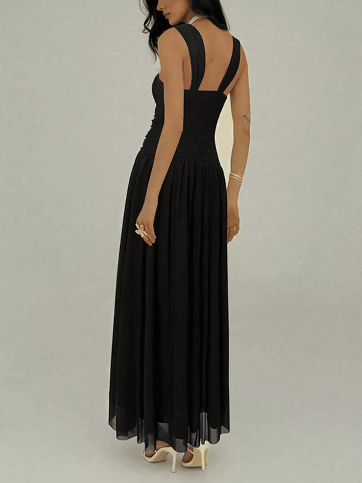 Ruched Sleeveless Maxi Dress with Embellishments in Black
